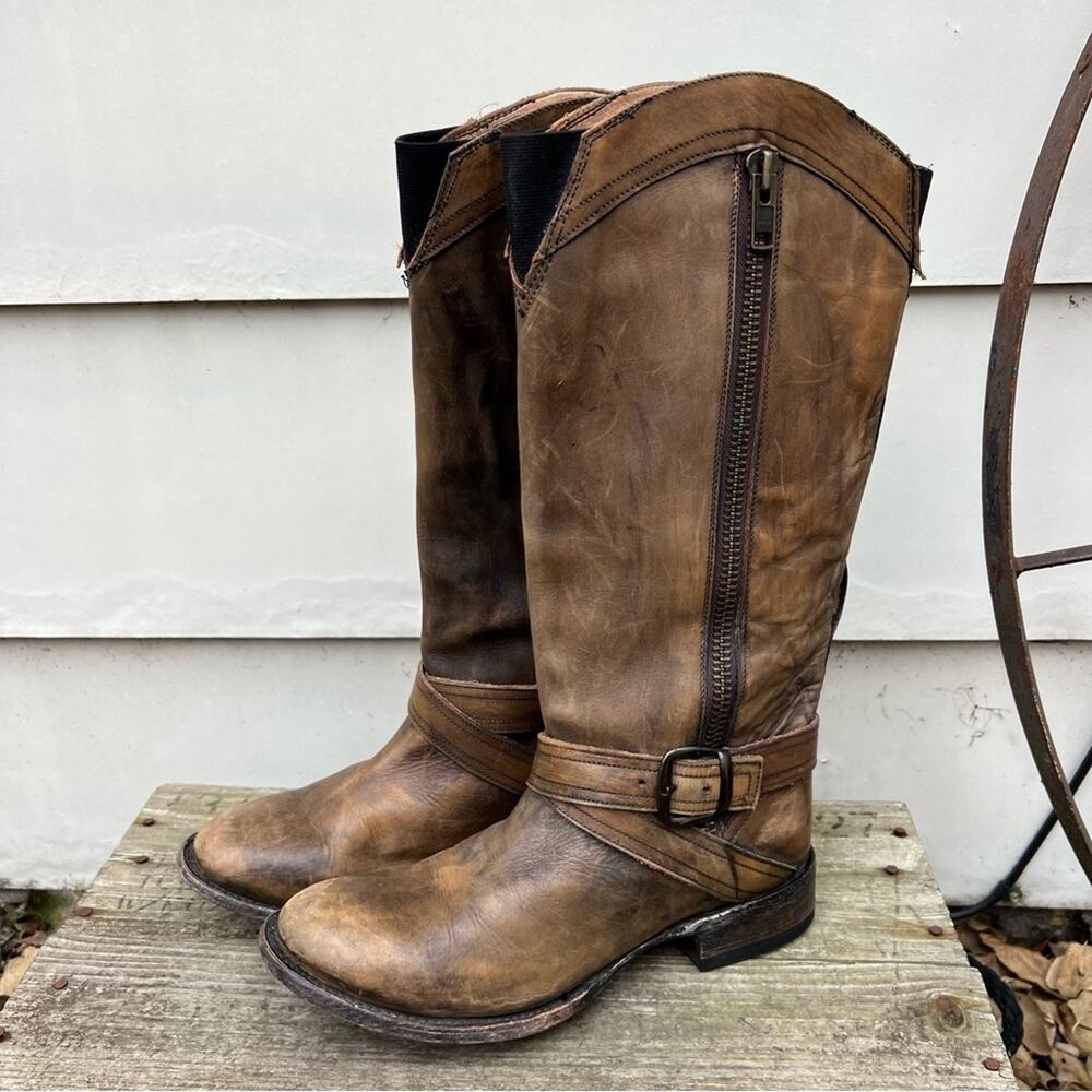 Stetson Brown Strappy Leather round toe side zip riding cowgirl western boots - Picture 3 of 7